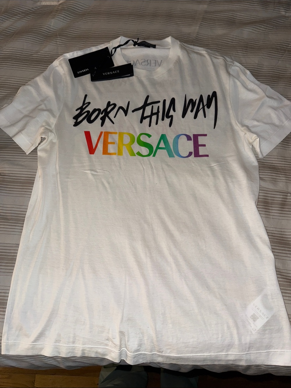 Versace White Crewneck T-Shirt with Rainbow VERSACE Logo